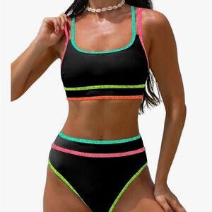 Black Neon-Trim High-Waist Bikini Set - Women Swim